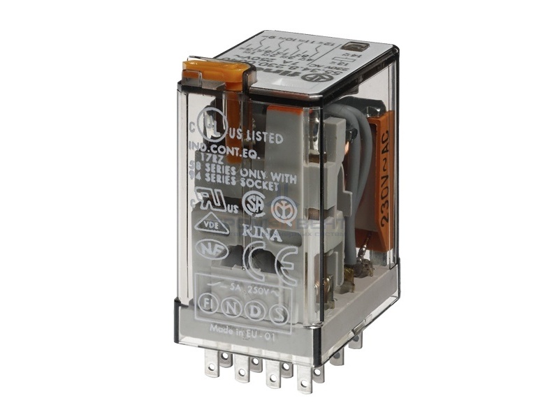 Миниатюрное реле Finder 4 контакта 7A AC (50/60Гц) 230В AgNi кнопка тест с блокировкой, индикатор